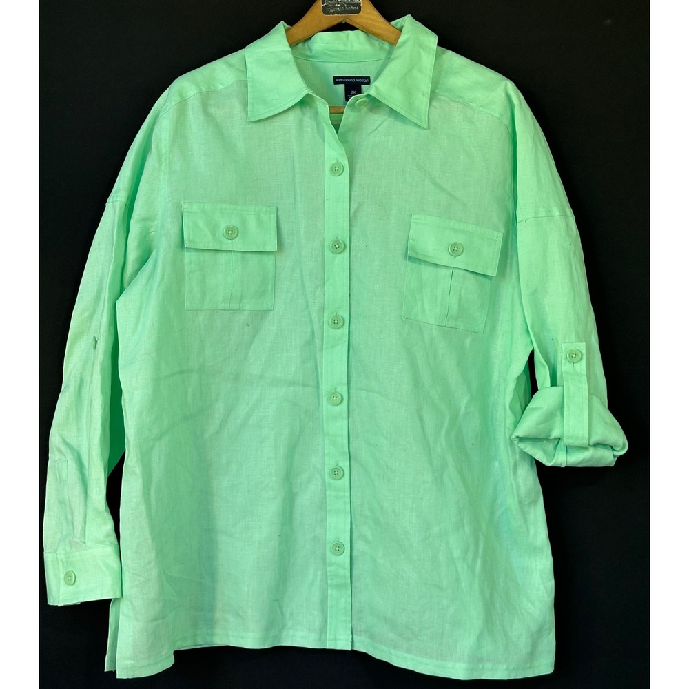 Westbound Linen Button Down Shirt Business Classy Womens 2X Green NWT